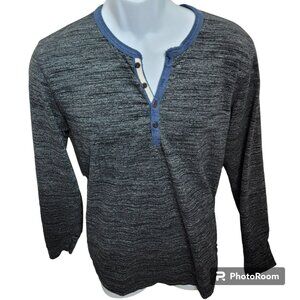 Lucky Brand Shirt, Men Large, Gray Heathered w/Blue Trim, 1/4 Button Up, GUC
